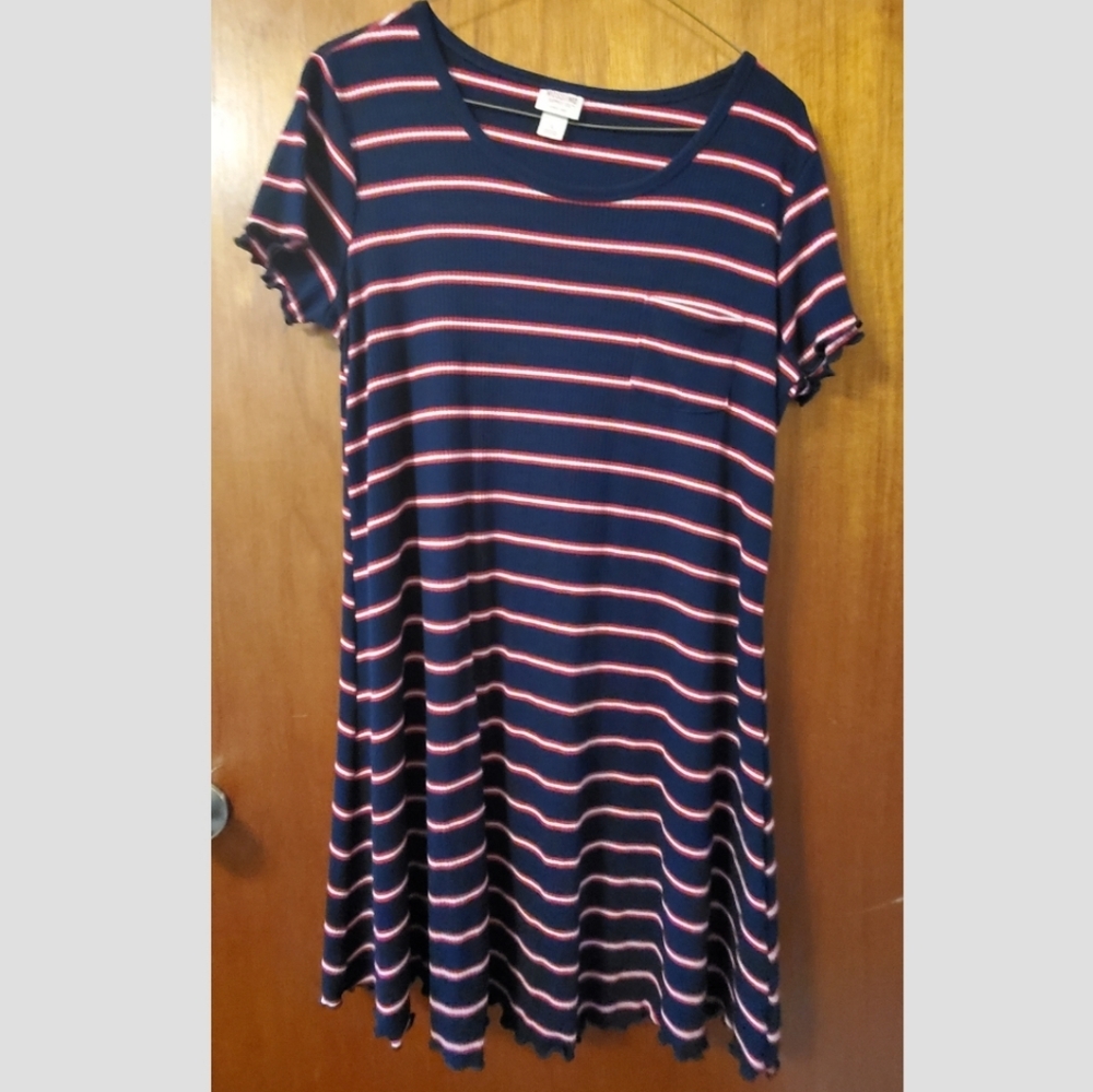 Red blue and white striped dress